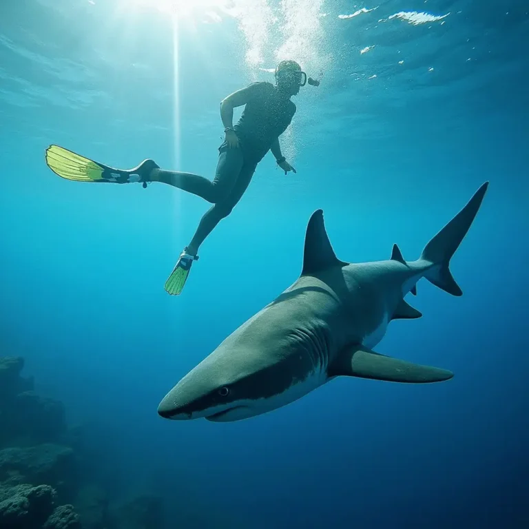 Snorkelers observing sharks in a vibrant underwater coral reef, with sunlight streaming through clear water